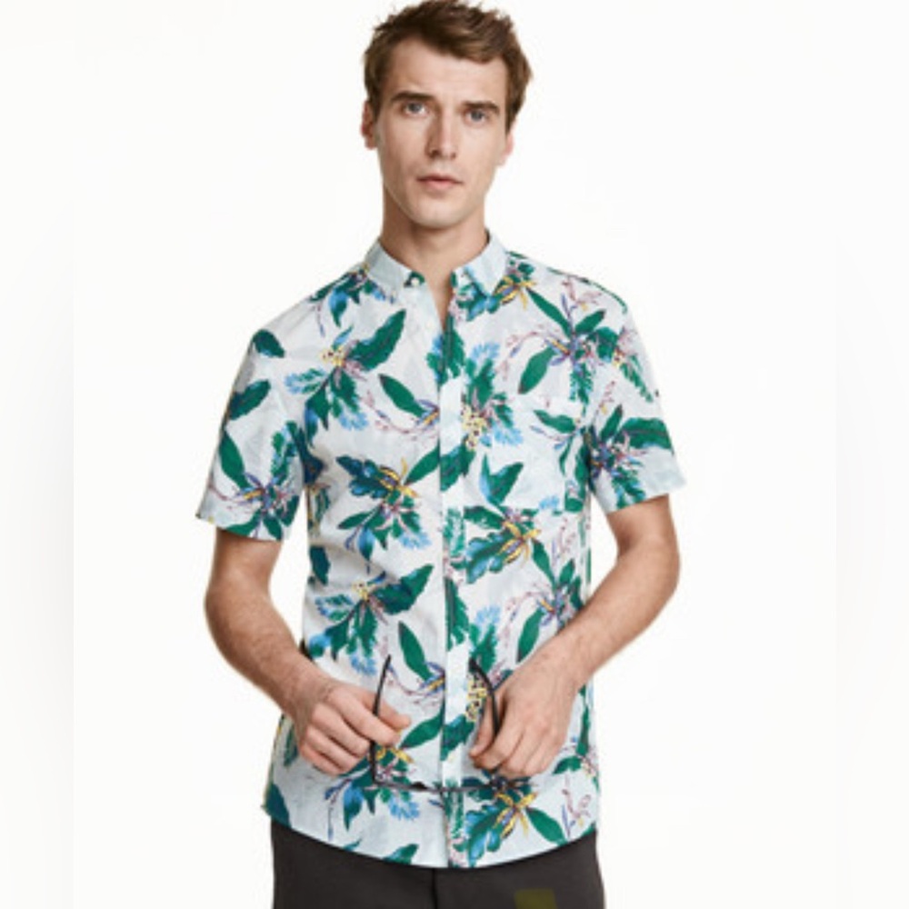 H&M Men's Tropical Print Shirt - Green and Blue